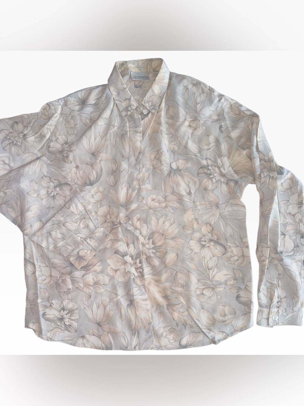 Liz Claiborne Floral 100% Silk Button-Down Shirt - Cream & Light Gray